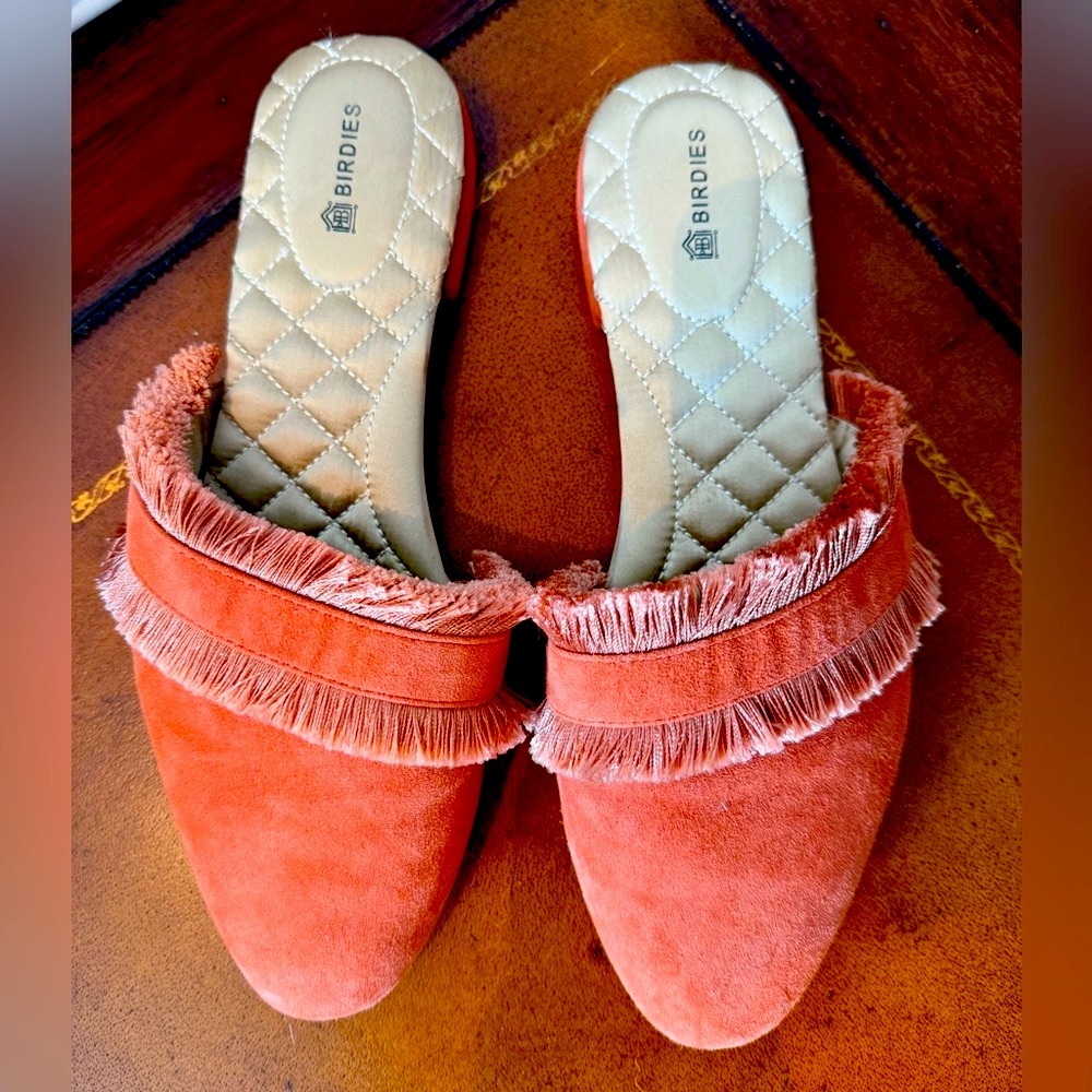 Birdies Orange Mules with Frayed Detail